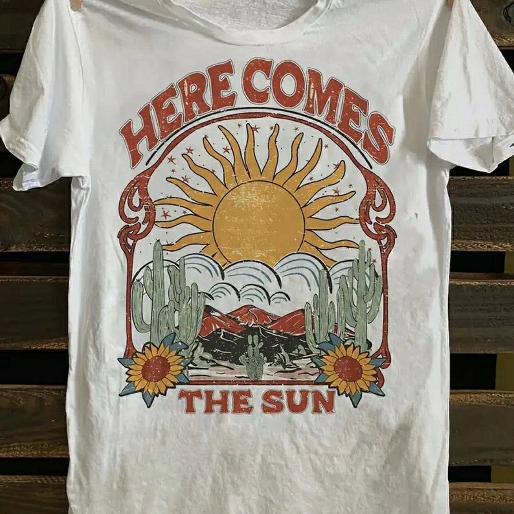 NEW! Retro 'Here Comes The Sun' Graphic Tee w/ Sun & Cactus
